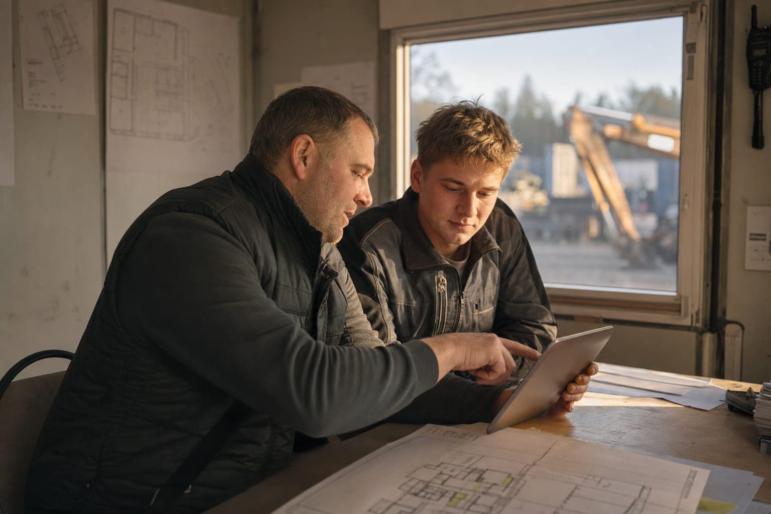 Betriebsinhaber und neue Fachkraft am Tablet in der Werkstatt
